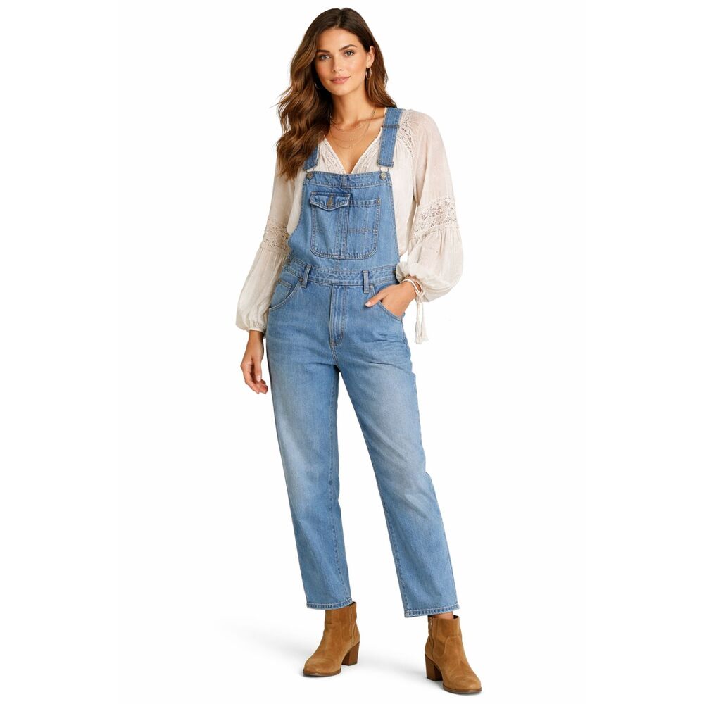 Trilogy Light Wash Denim Overalls Relaxed Fit Utility Pocket Straight Leg Size M